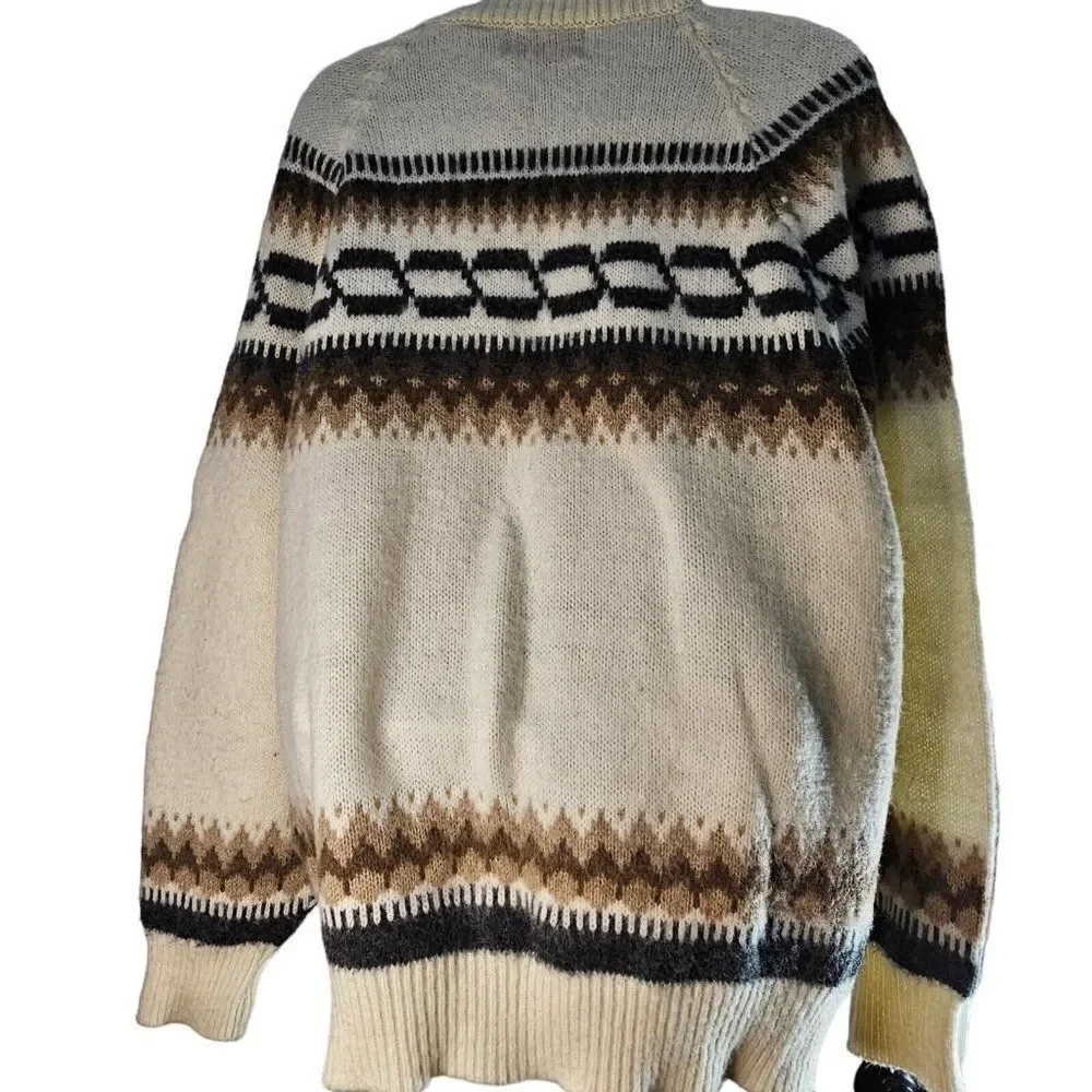Vintage 80s Sweater Mens Size L Ivory Brown Winter Ski Thick Wool Fair Isle